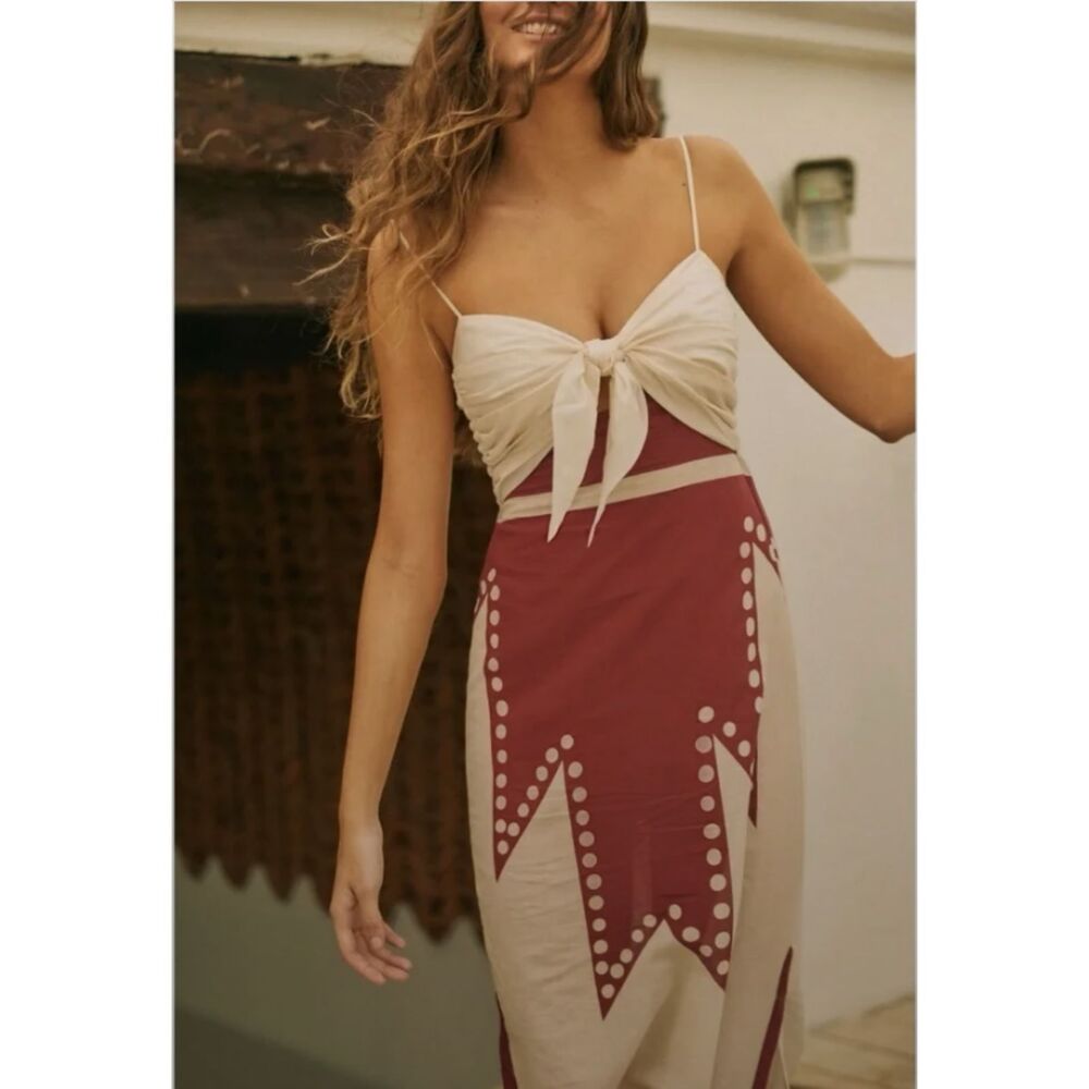 JOHANNA ORTIZ Jamais Vu Maxi Dress 8 Beige Burgundy BCI Cotton Party